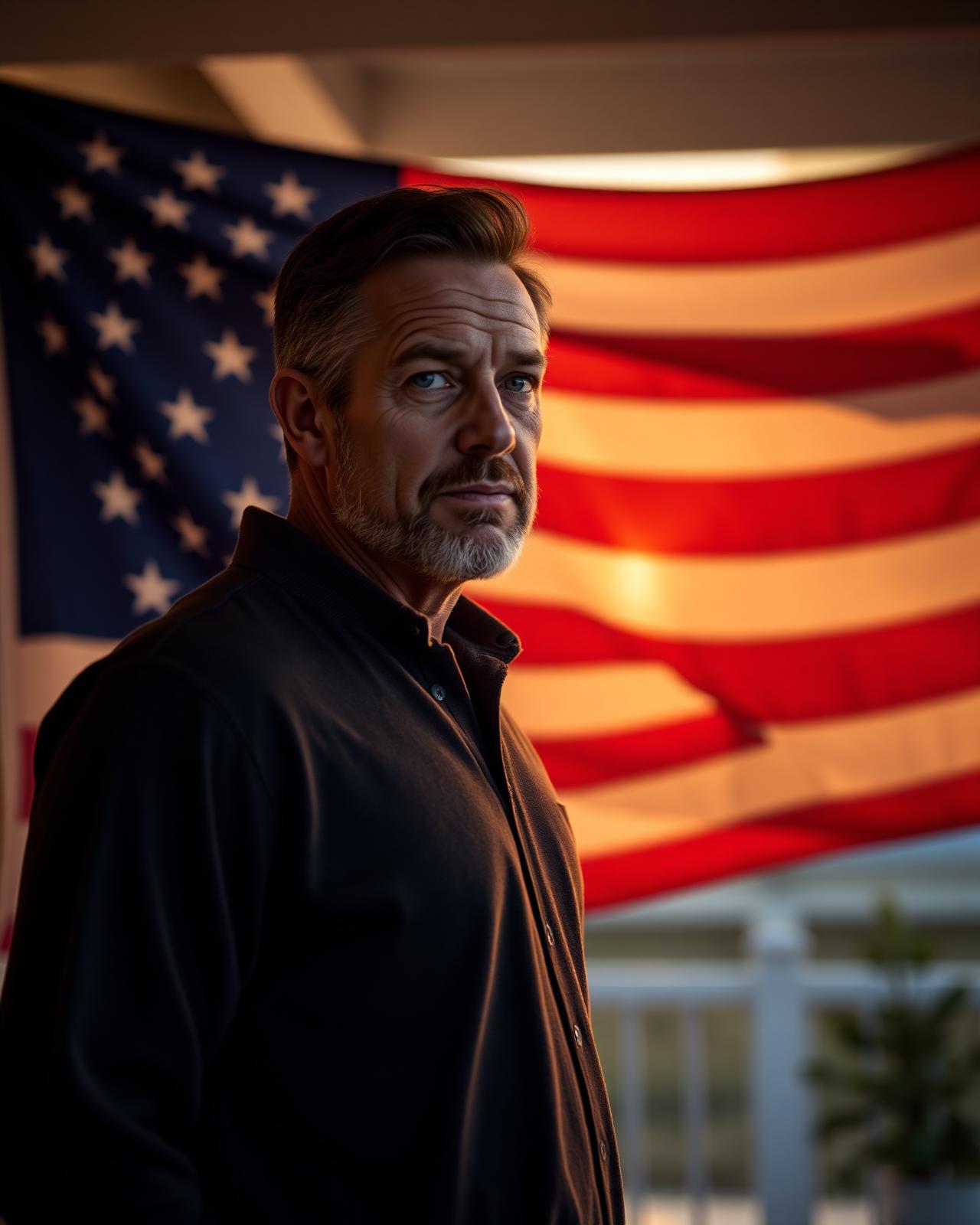 Modern father at dawn with an American flag behind him