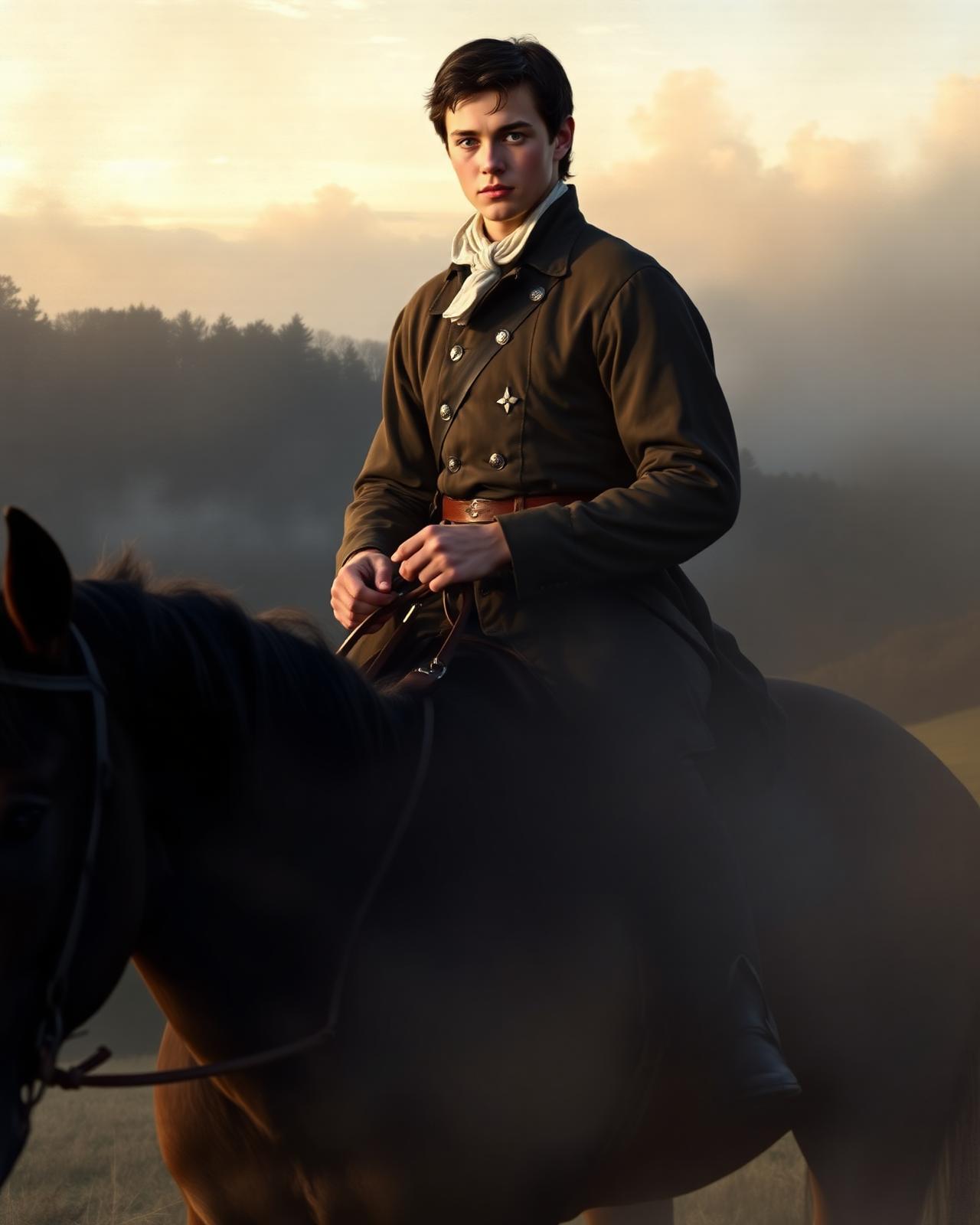 Painterly portrait of a young Revolutionary-era rider at dawn