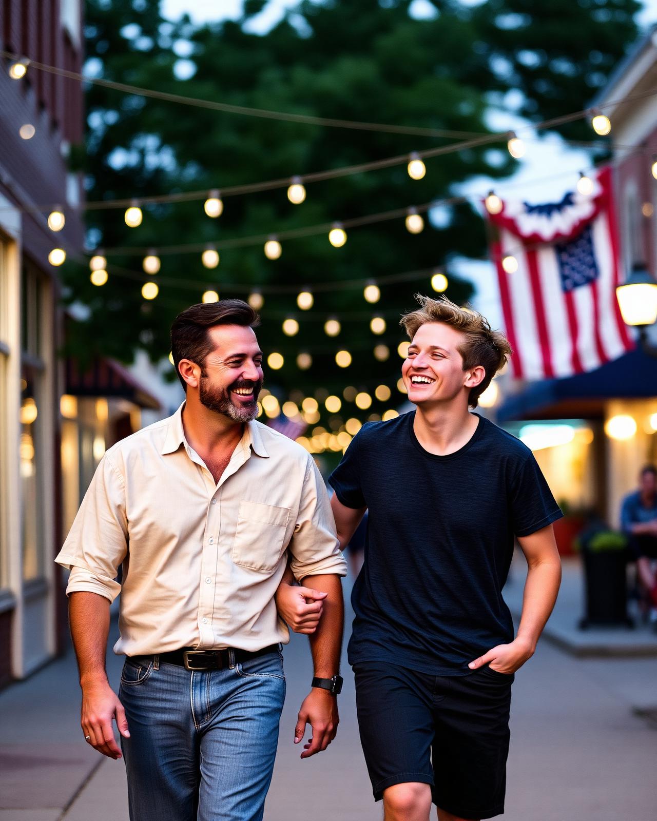 Father and son laughing on a small-town main street