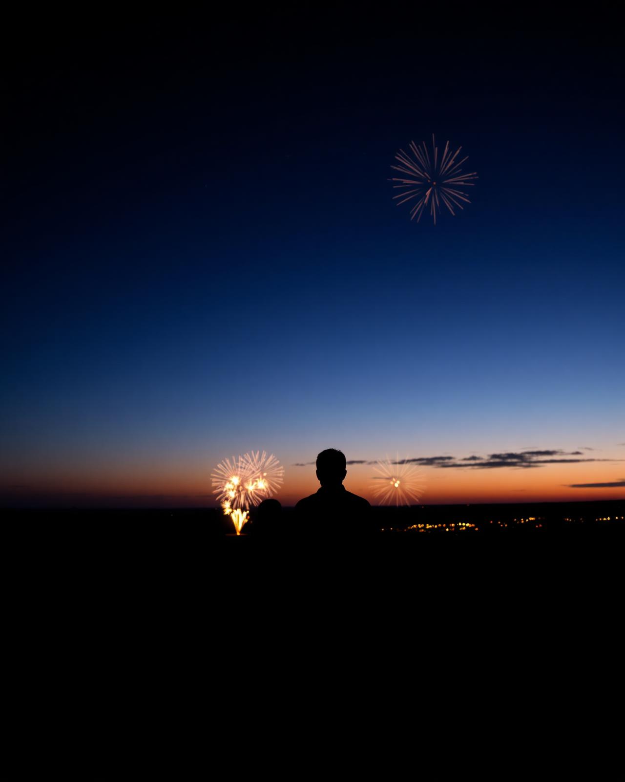 Family silhouette watching distant fireworks at twilight